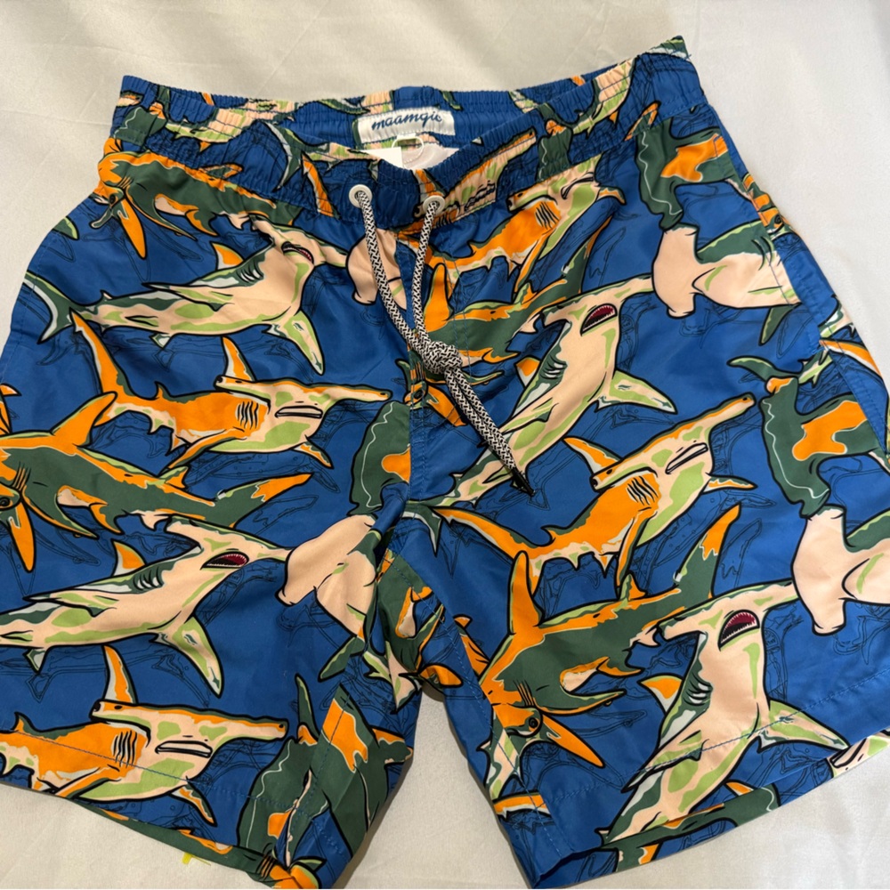 NWT Maamgic Blue Swim Shorts with Orange & Green Shark Print Sz M